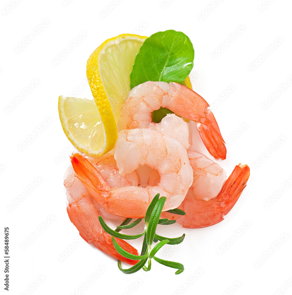 tail of shrimp with fresh lemon and rosemary on the white