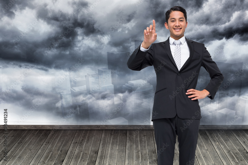 Composite image of smiling asian businessman pointing Composite image of smiling asian businessman pointing