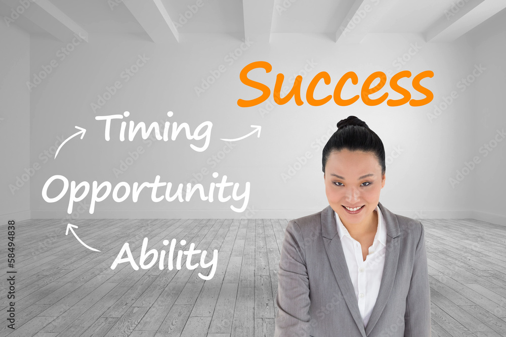 Composite image of smiling asian businesswoman pointing Composite image of smiling asian businesswoman pointing