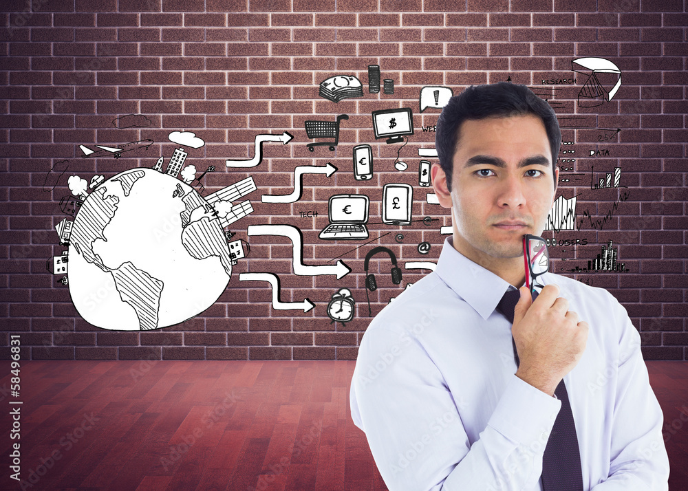 Composite image of unsmiling businessman holding glasses Composite image of unsmiling businessman holding glasses
