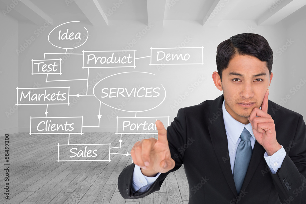 Composite image of thoughtful asian businessman pointing Composite image of thoughtful asian businessman pointing