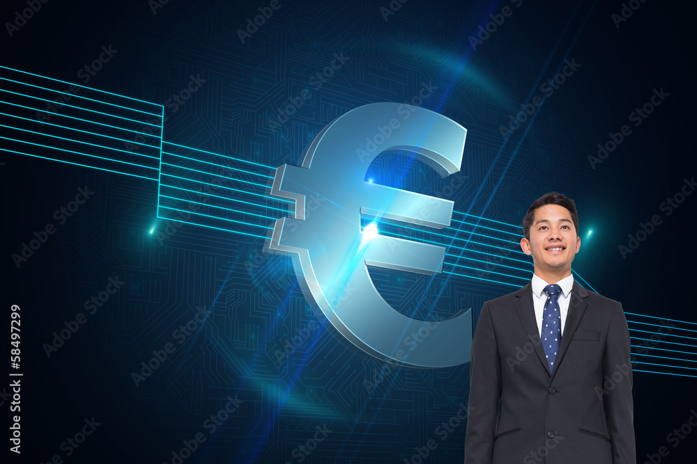 Composite image of happy businessman looking up