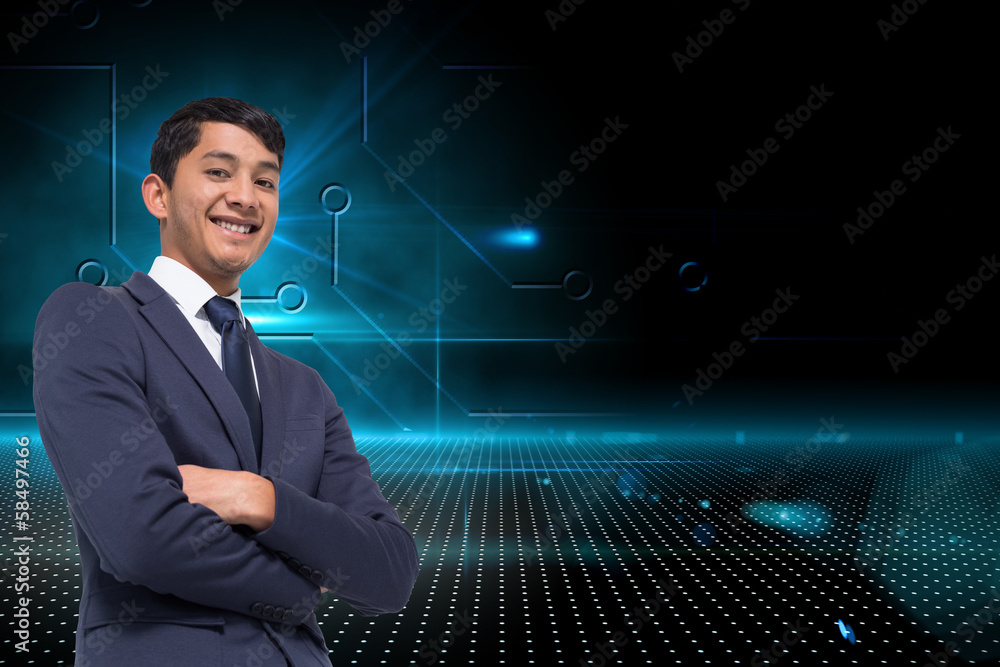 Composite image of smiling asian businessman with arms crossed Composite image of smiling asian businessman with arms crossed