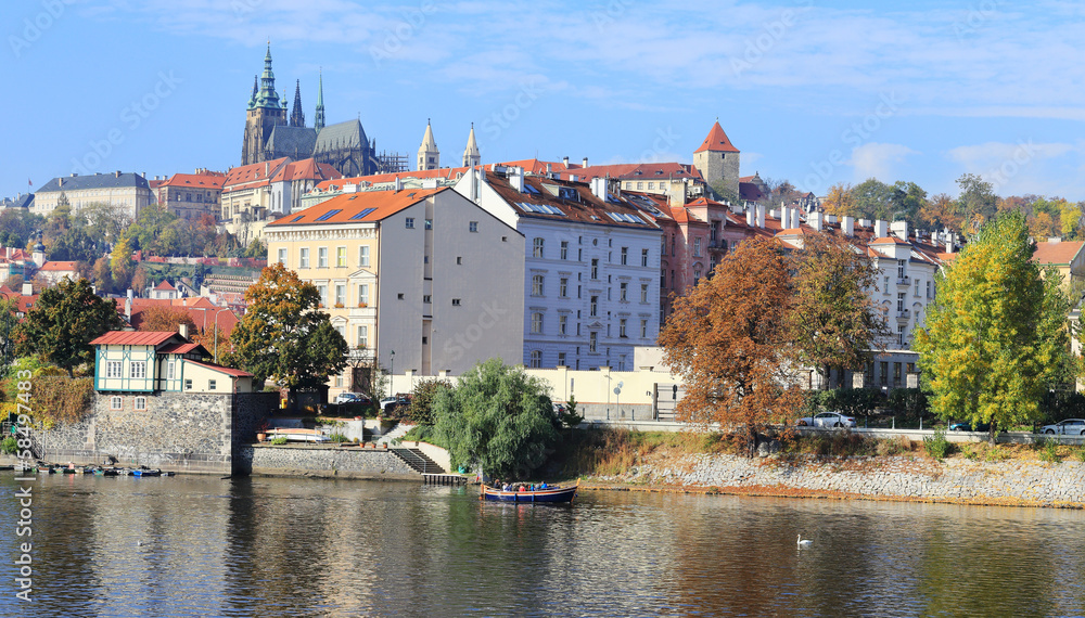 Autumn Prague gothic Castle above River Vltava, Czech Republic