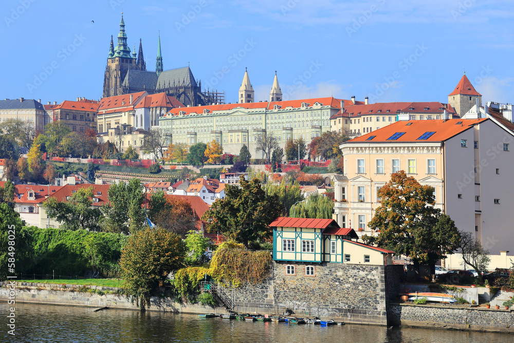 Autumn Prague gothic Castle above River Vltava, Czech Republic