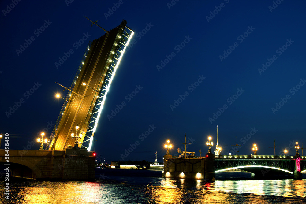 Drawbridge in St. Petersburg at night