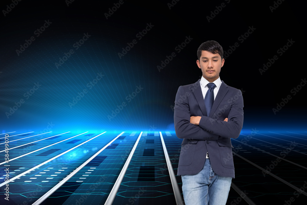 Composite image of unsmiling casual businessman with arms crosse Composite image of unsmiling casual businessman with arms crosse