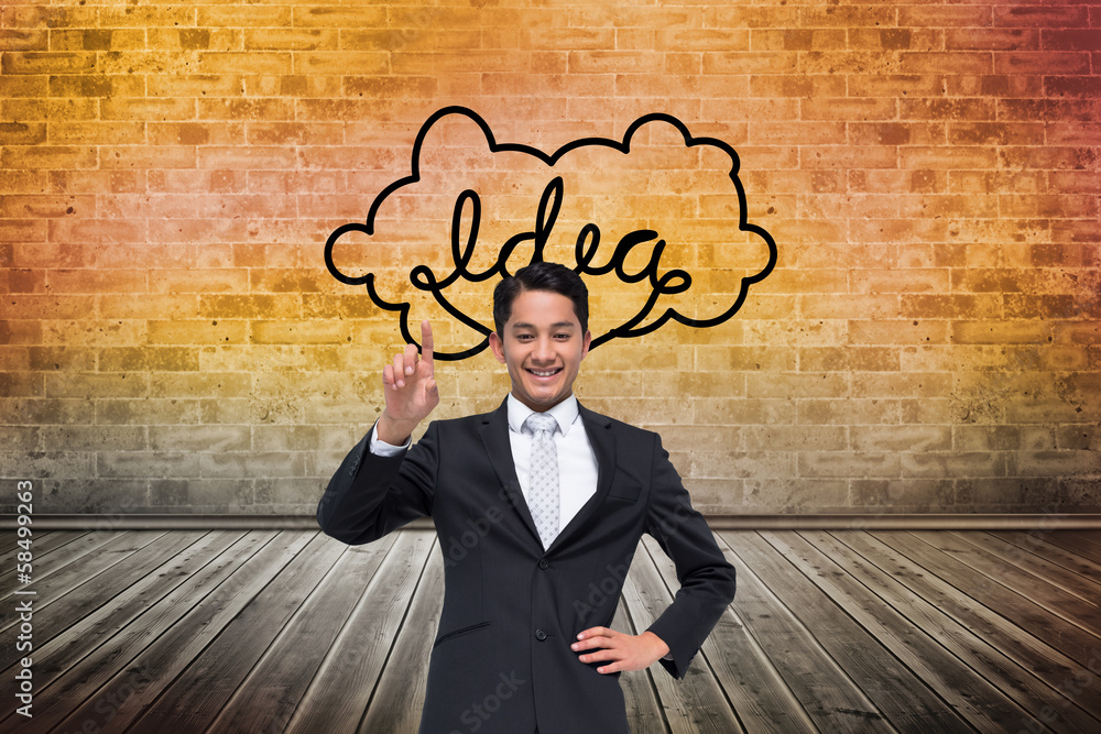 Composite image of smiling asian businessman pointing Composite image of smiling asian businessman pointing
