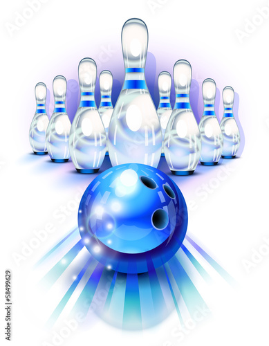 Blue bowling ball in motion and the pins