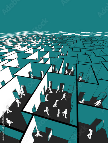 lost and confused people in endless cubical labyrinth