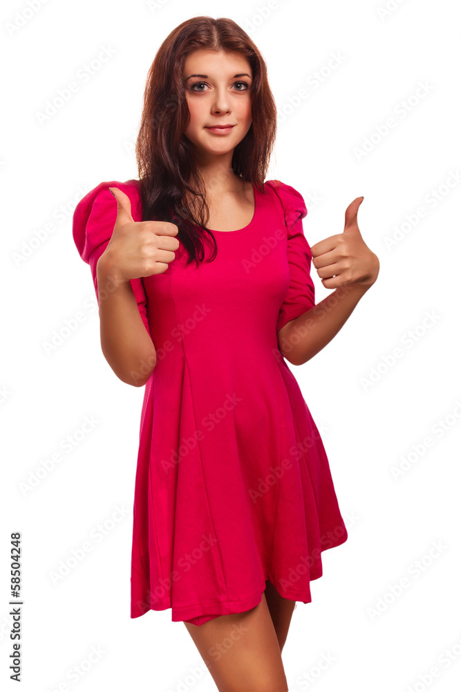 woman young girl shows positive sign thumbs yes isolated in a pi woman young girl shows positive sign thumbs yes isolated in a pi