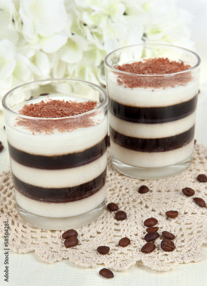 Tasty jelly coffee with milk on table on light background Tasty jelly coffee with milk on table on light background