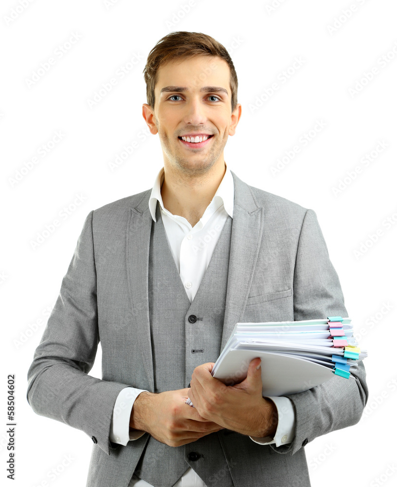 Young teacher review tests isolated on white Young teacher review tests isolated on white