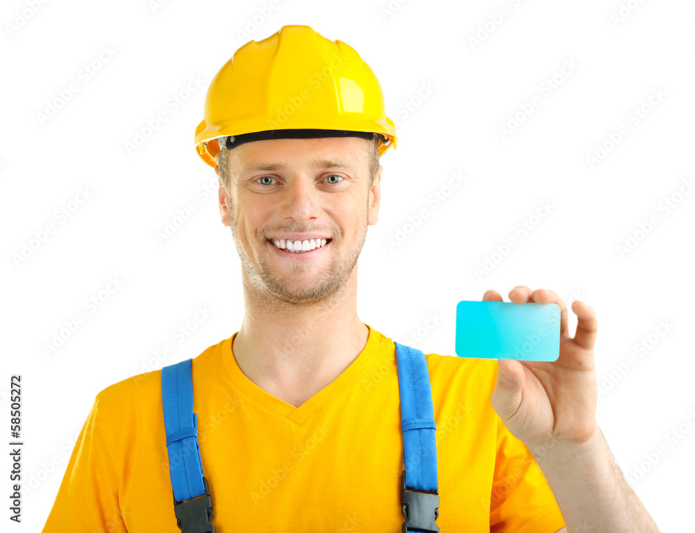 Portrait of young builder with card isolated on white Portrait of young builder with card isolated on white