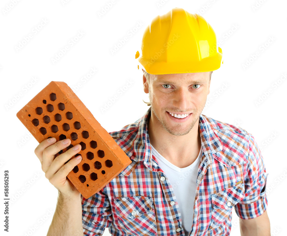 Portrait of young builder isolated on white Portrait of young builder isolated on white