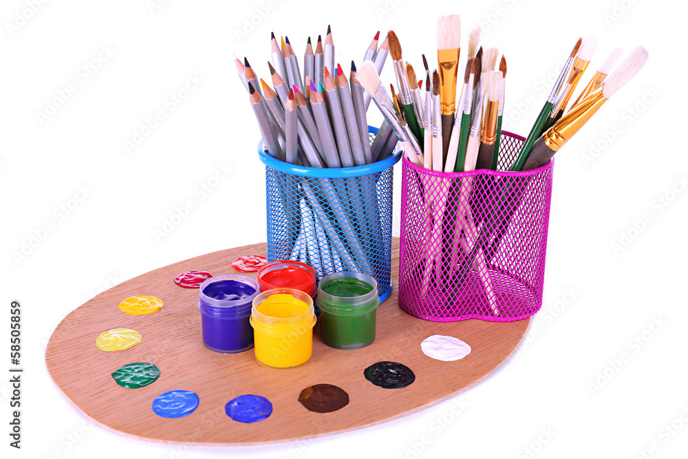 Obraz premium Composition of various creative tools isolated on white