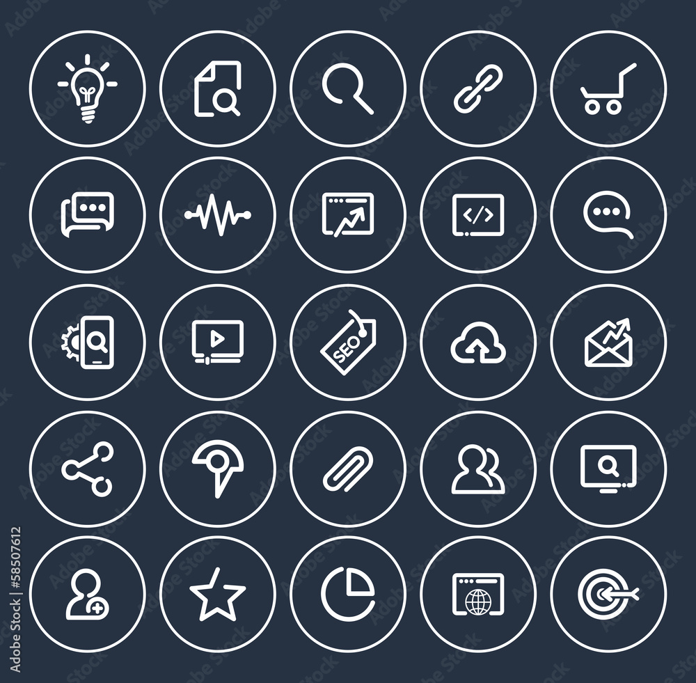 Outlines SEO Icon Set, white on dark blue Outlines SEO Icon Set, white on dark blue