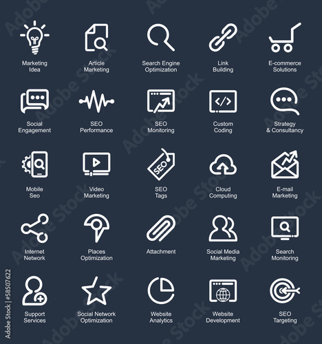 Outlines SEO Icon Set, white on dark blue