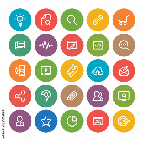 Outlines SEO Icon Set, colorful circle on white