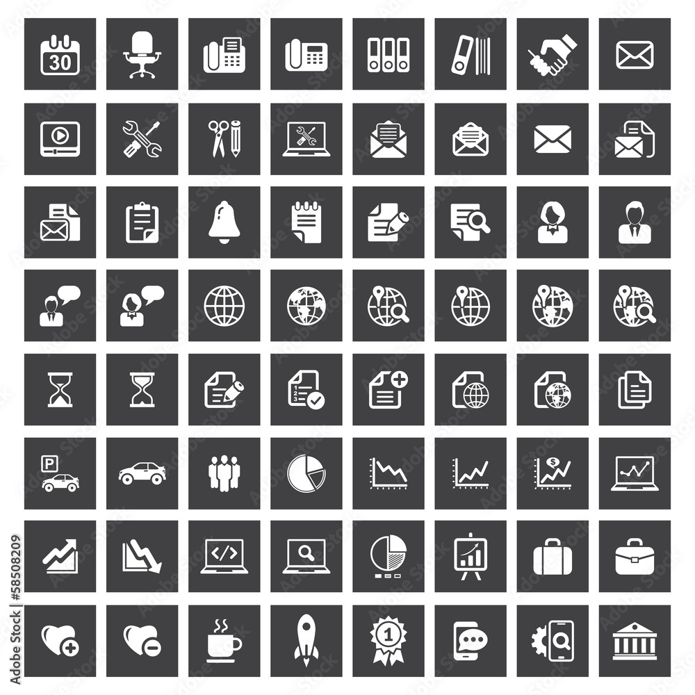 Business icon set, white on square black series Business icon set, white on square black series