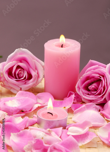 Spa Candles and rose Petals on mat