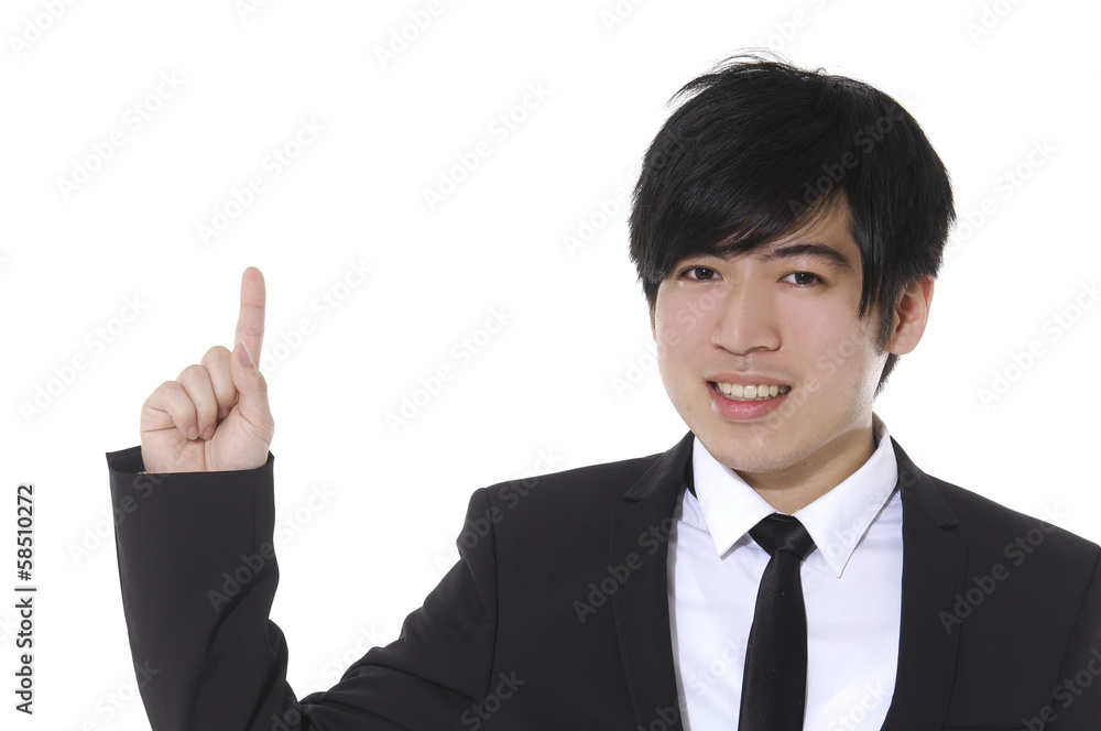 Asian young business man showing pointing up, Asian young business man showing pointing up,