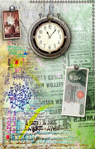 Pachtwork background with stamps and clock
