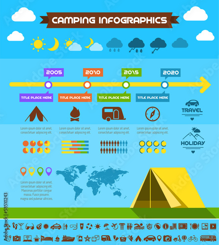 Flat Camping Infographic Elements plus Icon Set. Vector EPS 10.