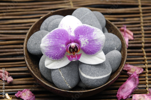 Bowl of spa stone with orchid and petals on mat