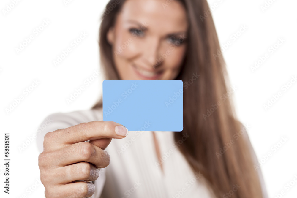 young business woman hold in her hand blank credit card young business woman hold in her hand blank credit card