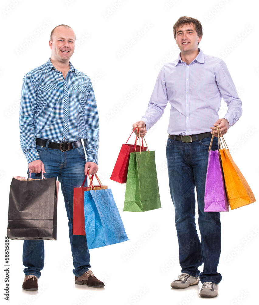 Two men with shopping bags Two men with shopping bags