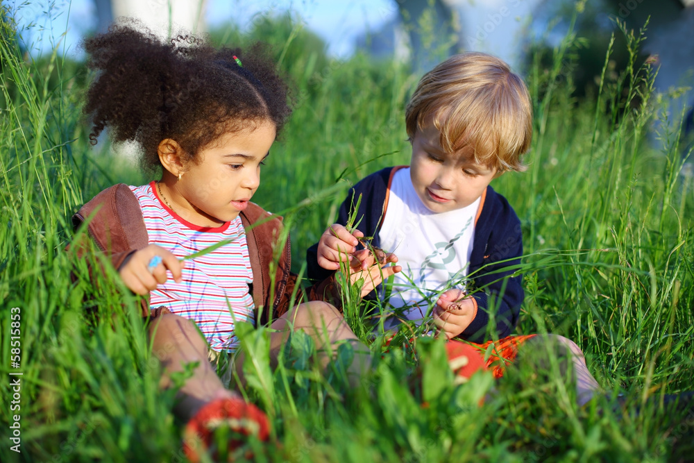 girl and boy sitting in grass and consider blade of grass girl and boy sitting in grass and consider blade of grass