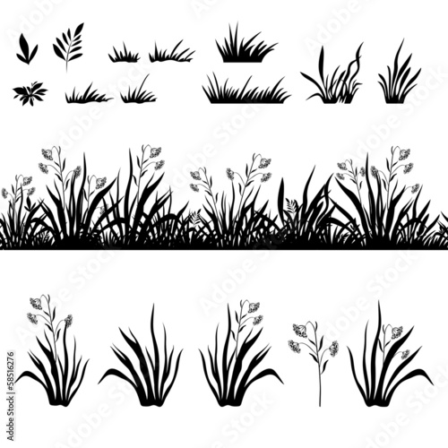 Grass and flowers silhouette  seamless and sets