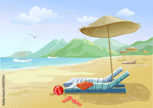 beach with chaise lounges