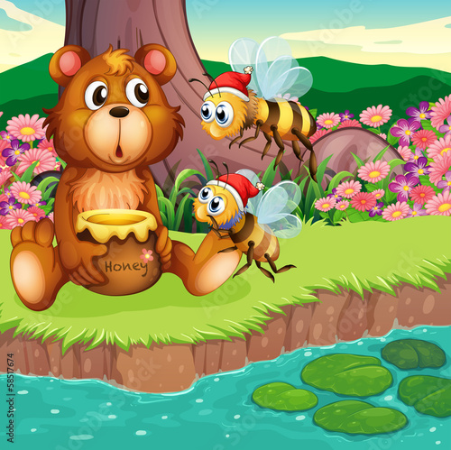 A big bear and bees at the riverbank