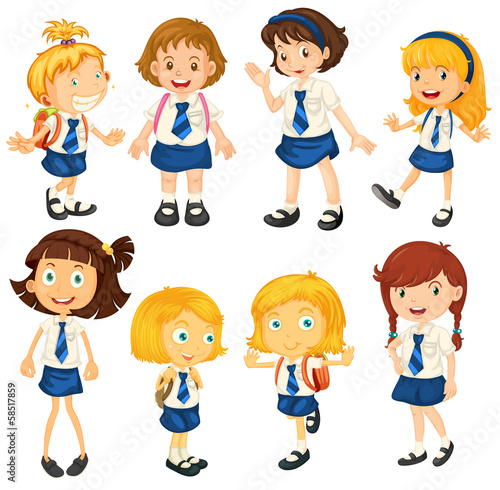 Eight schoolgirls in their uniforms