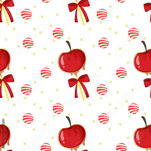 A seamless template with apples, candy balls and ribbons