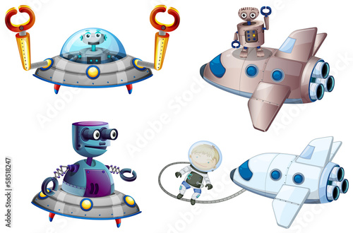 Spaceships with robot and a young boy near the plane