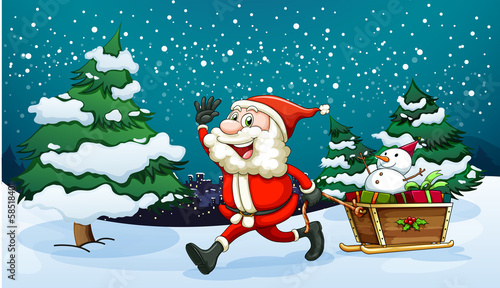 A smiling Santa pulling the wooden sleigh near the pine trees