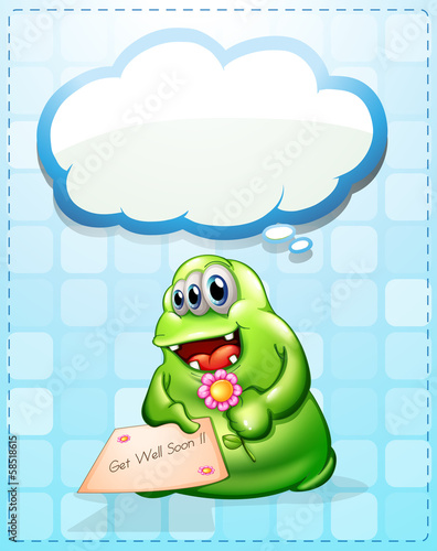 A cheerful green monster holding a card and a flower
