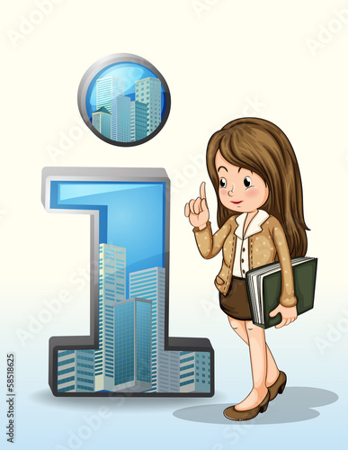 A business person beside the number one figure with buildings