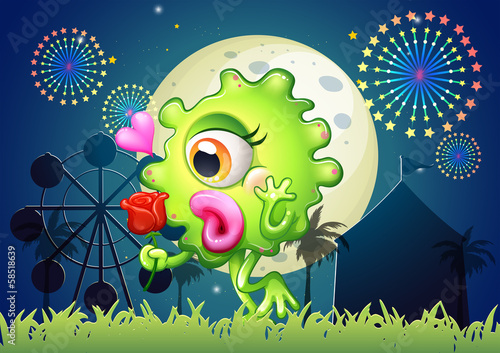 A monster holding a red rose at the carnival