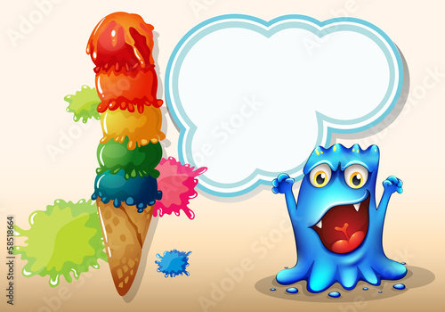 A cheerful blue monster near the colorful giant icecream