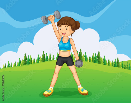 A hilltop with a girl exercising