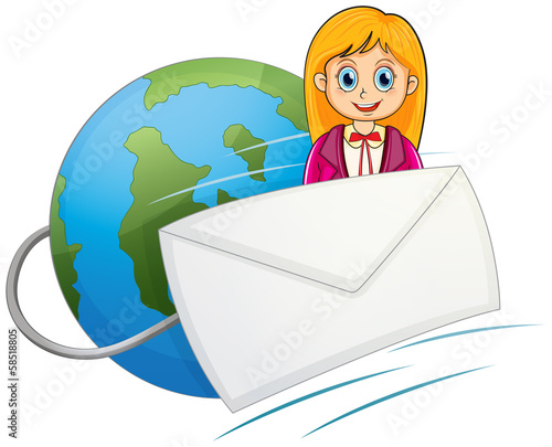 An envelope in front of the smiling girl with a globe at the bac