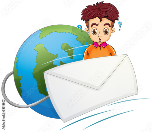 A man thinking in the middle of the envelope and the globe