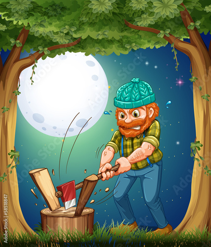 A forest with a hardworking woodman chopping woods