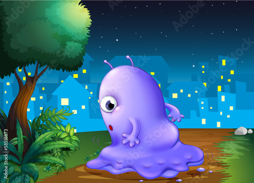 A purple monster strolling in the middle of the night