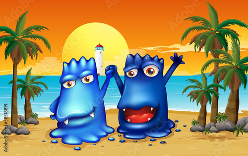 Two monsters at the beach with palm trees