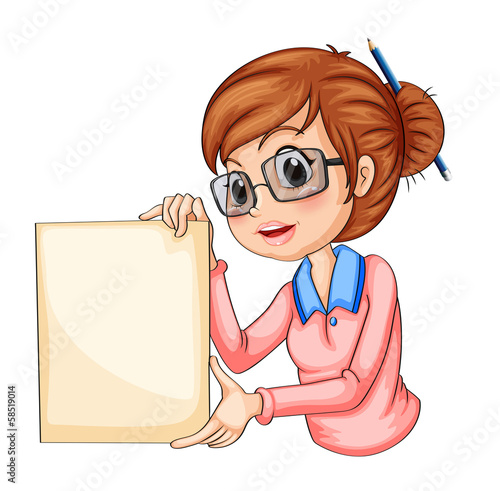 A girl with a pencil on her hair holding an empty signage